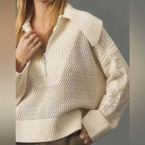 Anthropologie Daily Practice Half Zip Varsity Sweater Collar Cream Womans XL